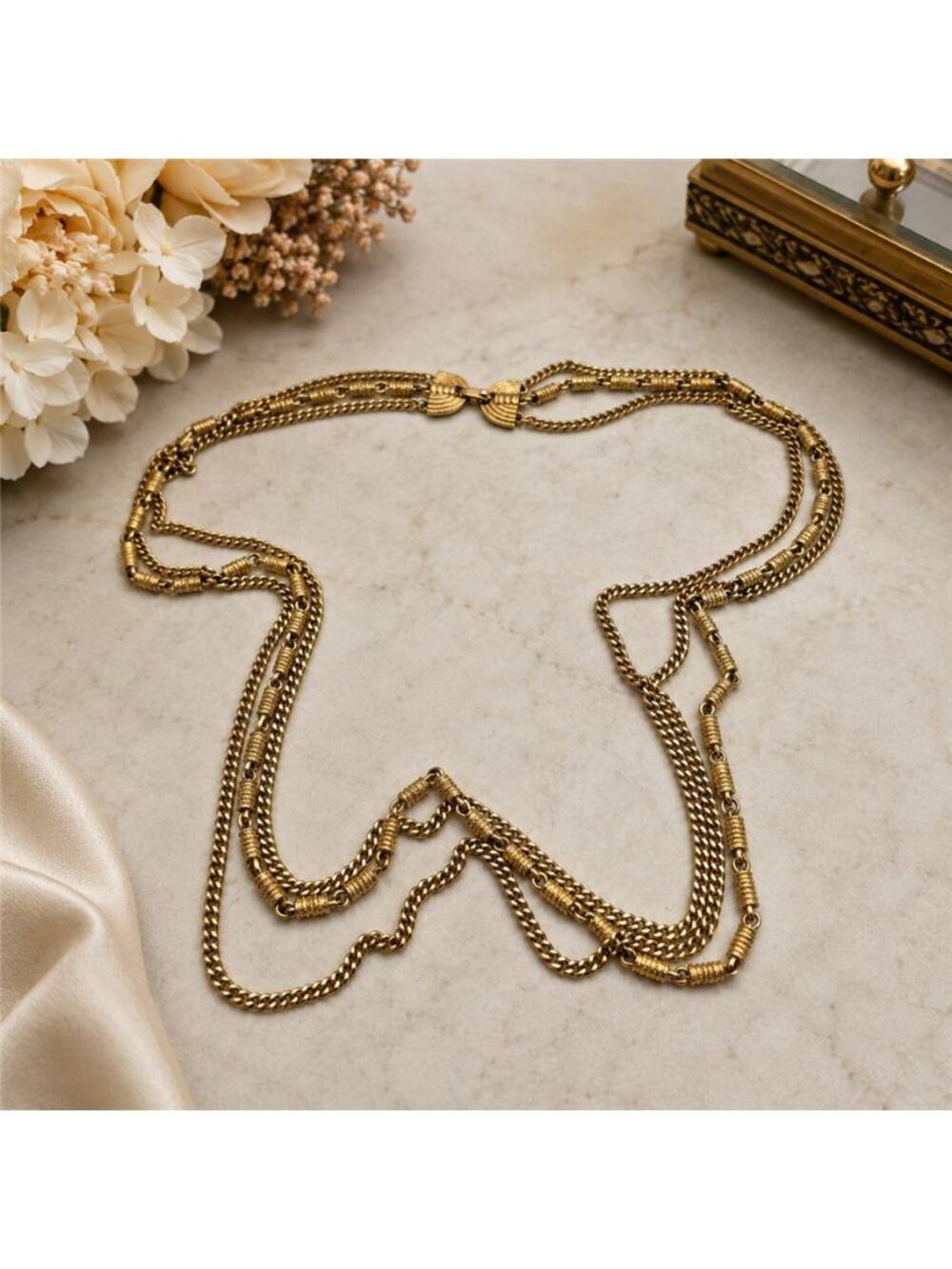 Monet Gold Tone Layered Multi Curb Chain Station Necklace 28 In Vintage